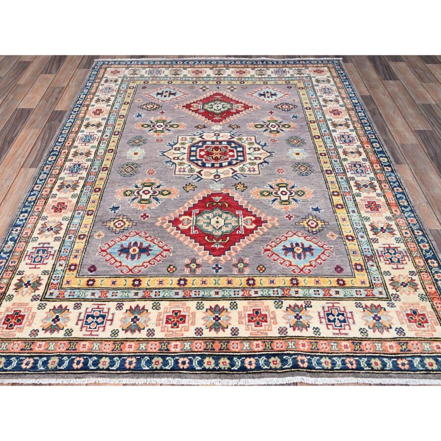 4'10"x6'7" Dove Gray, Vegetable Dyes, Kazak Hand Knotted Denser Weave All Over Tribal Motifs, Natural Wool, Oriental Rug Sh86814 - Image 2