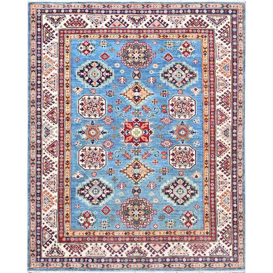 5'1"x6'4" Denim Blue, Kazak Vegetable Dyes All Over Design Hand Knotted Densely Woven, 100% Wool, Oriental Rug Sh86816