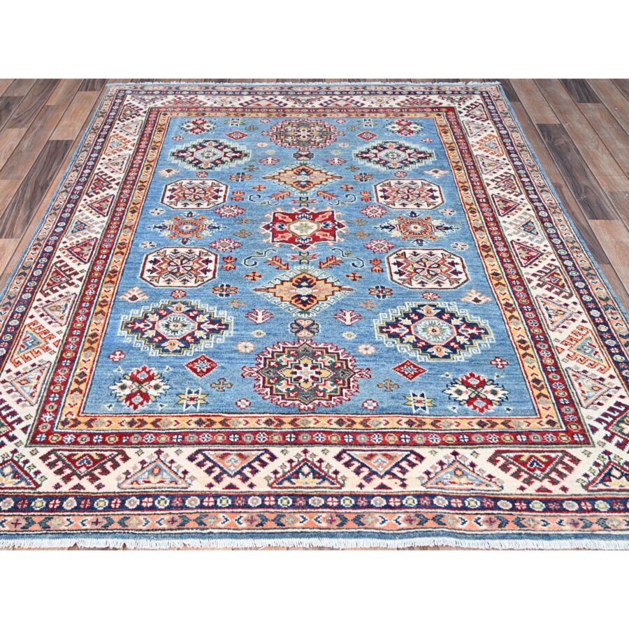 5'1"x6'4" Denim Blue, Kazak Vegetable Dyes All Over Design Hand Knotted Densely Woven, 100% Wool, Oriental Rug Sh86816 - Image 2