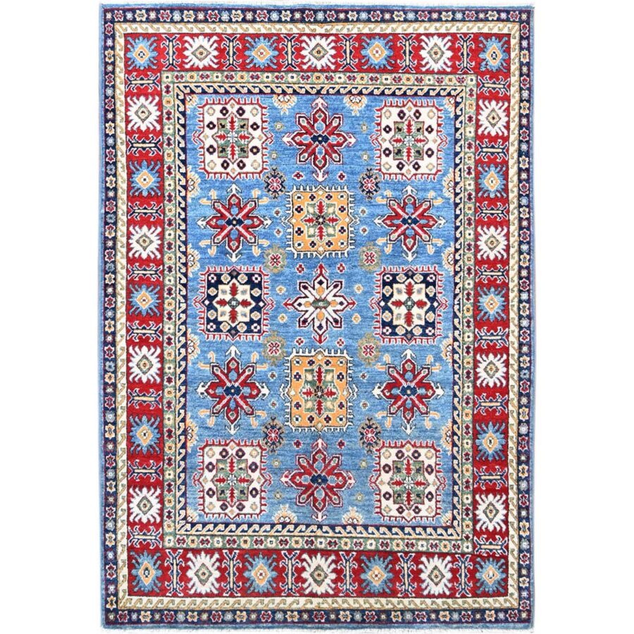 4'8"x6'10" Quilt Blue With Hot Ember Red, Kazak Throughout Geometric Design, Vegetable Dyes and Extra Soft Wool, Hand Knotted Oriental Rug Sh86818