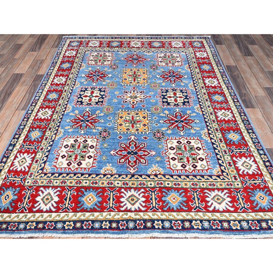 4'8"x6'10" Quilt Blue With Hot Ember Red, Kazak Throughout Geometric Design, Vegetable Dyes and Extra Soft Wool, Hand Knotted Oriental Rug Sh86818 - Image 2