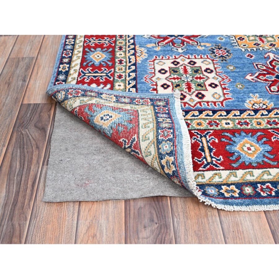 4'8"x6'10" Quilt Blue With Hot Ember Red, Kazak Throughout Geometric Design, Vegetable Dyes and Extra Soft Wool, Hand Knotted Oriental Rug Sh86818 - Image 3