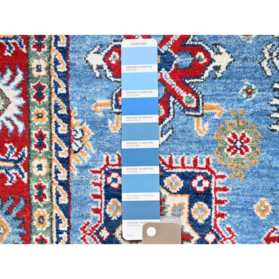 4'8"x6'10" Quilt Blue With Hot Ember Red, Kazak Throughout Geometric Design, Vegetable Dyes and Extra Soft Wool, Hand Knotted Oriental Rug Sh86818 - Image 4