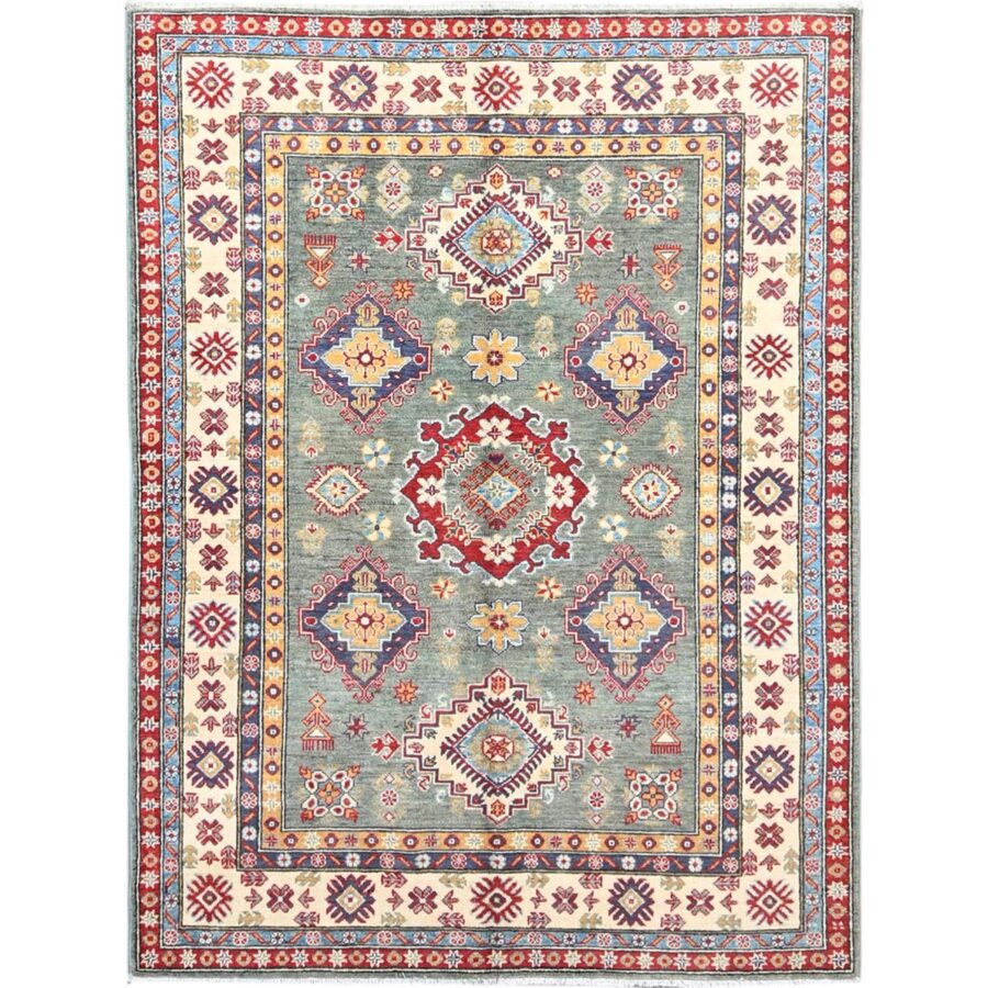 5'x6'7" Smoke Green and Kestrel White Border, Densely Woven Hand Knotted Kazak Design, Vegetable Dyes 100% Wool, Oriental Rug Sh86819