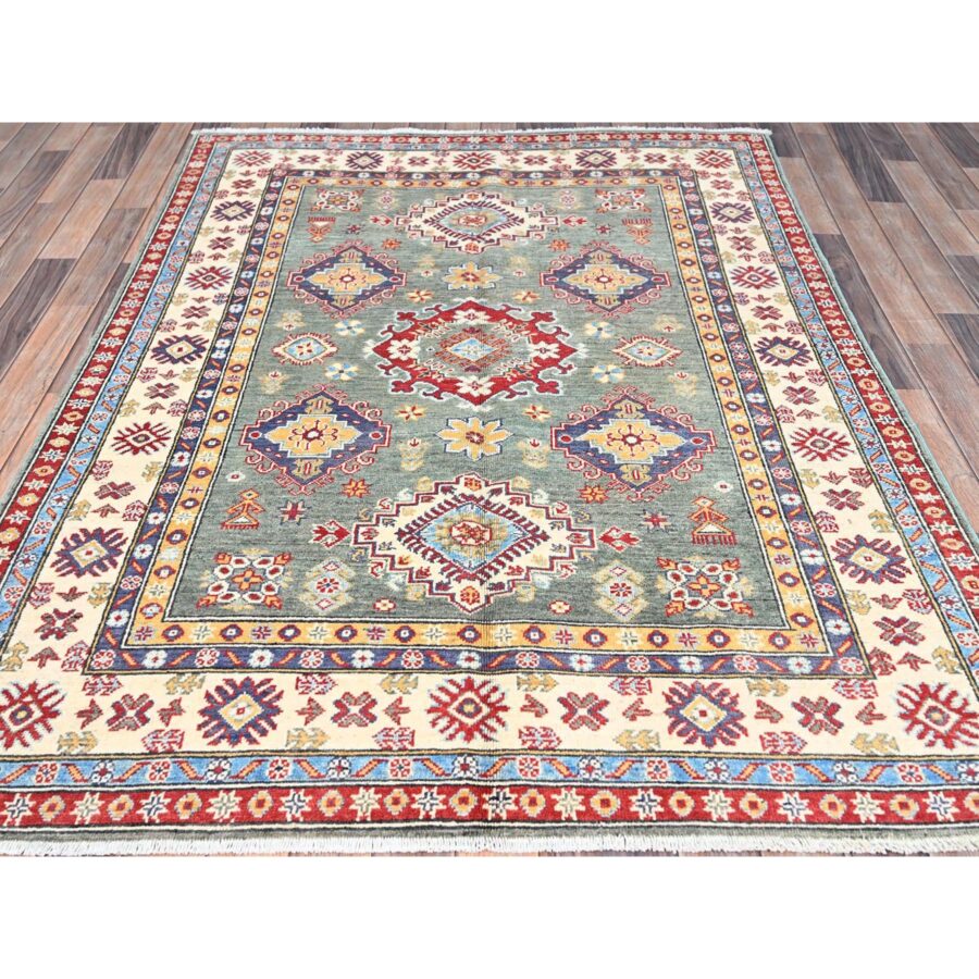 5'x6'7" Smoke Green and Kestrel White Border, Densely Woven Hand Knotted Kazak Design, Vegetable Dyes 100% Wool, Oriental Rug Sh86819 - Image 2