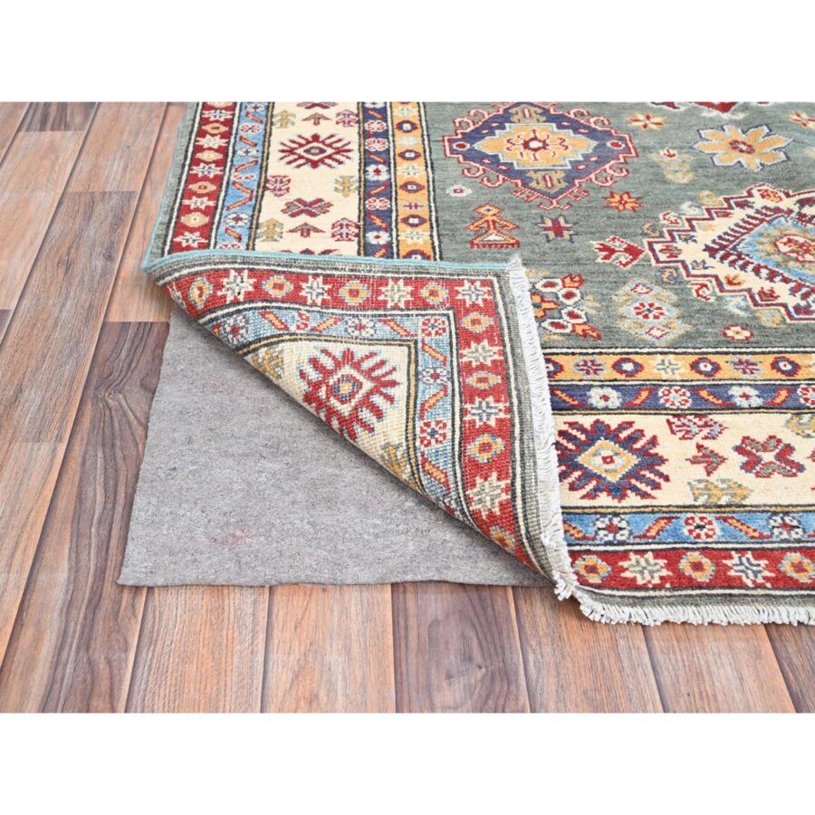 5'x6'7" Smoke Green and Kestrel White Border, Densely Woven Hand Knotted Kazak Design, Vegetable Dyes 100% Wool, Oriental Rug Sh86819 - Image 3