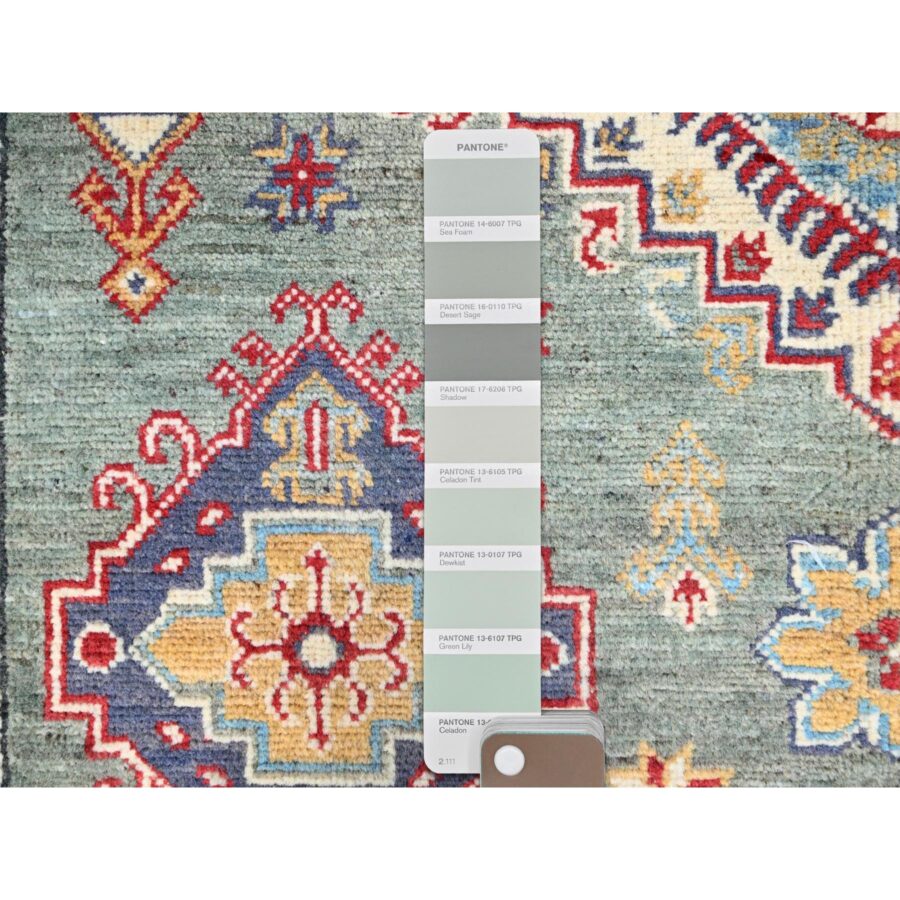 5'x6'7" Smoke Green and Kestrel White Border, Densely Woven Hand Knotted Kazak Design, Vegetable Dyes 100% Wool, Oriental Rug Sh86819 - Image 4