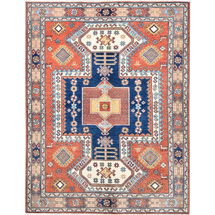 5'1"x6'6" Blush Red and Plaster Brown, Antiqued Kazak Caucasian Swan Design With Animal Figurines, Shiny Pure Wool, Natural Dyes, Hand Knotted Densely Woven Oriental Rug Sh86820