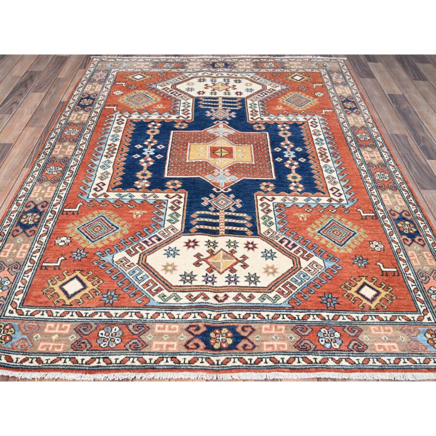 5'1"x6'6" Blush Red and Plaster Brown, Antiqued Kazak Caucasian Swan Design With Animal Figurines, Shiny Pure Wool, Natural Dyes, Hand Knotted Densely Woven Oriental Rug Sh86820 - Image 2