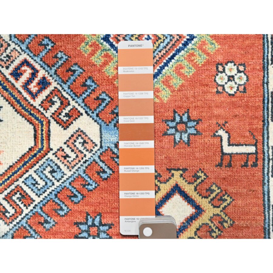 5'1"x6'6" Blush Red and Plaster Brown, Antiqued Kazak Caucasian Swan Design With Animal Figurines, Shiny Pure Wool, Natural Dyes, Hand Knotted Densely Woven Oriental Rug Sh86820 - Image 4