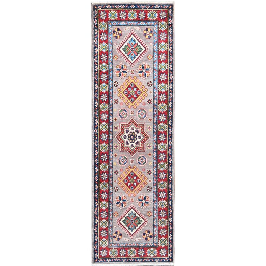 2'x6'5" Violet Gray with Red Border, Hand Knotted Kazak Geometric Medallions, Vegetable Dyes and Denser Weave, Runner 100% Wool Oriental Rug Sh86822