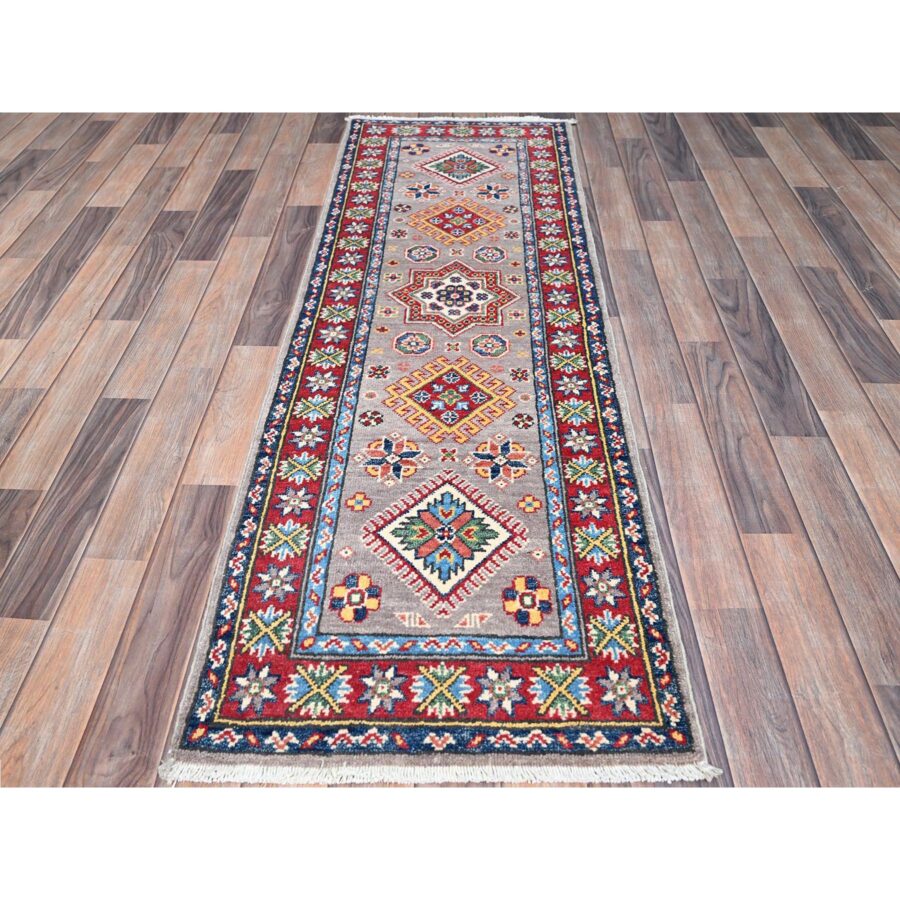 2'x6'5" Violet Gray with Red Border, Hand Knotted Kazak Geometric Medallions, Vegetable Dyes and Denser Weave, Runner 100% Wool Oriental Rug Sh86822 - Image 2