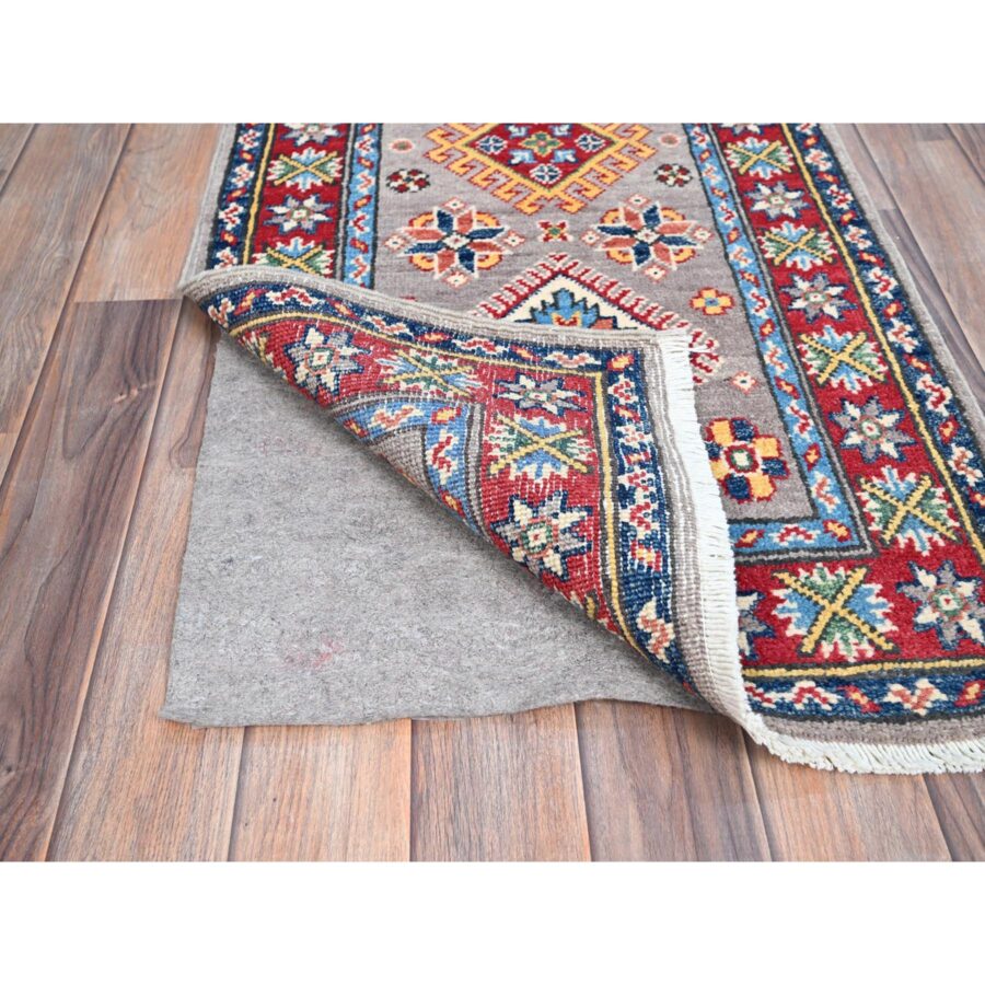 2'x6'5" Violet Gray with Red Border, Hand Knotted Kazak Geometric Medallions, Vegetable Dyes and Denser Weave, Runner 100% Wool Oriental Rug Sh86822 - Image 3