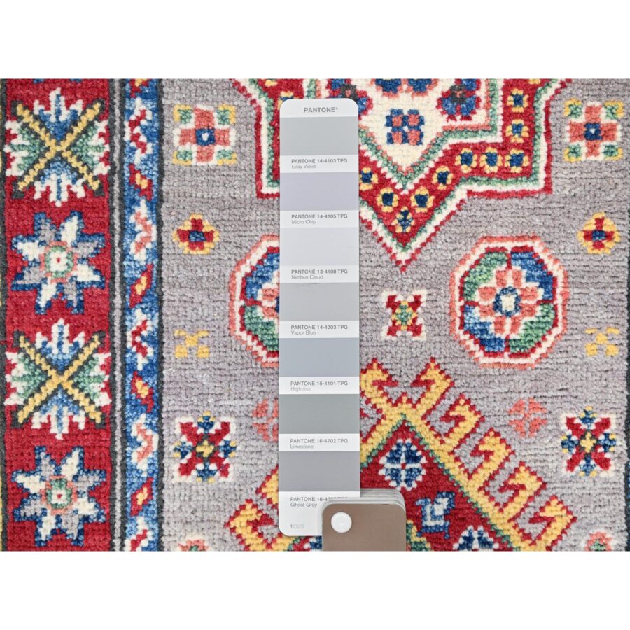 2'x6'5" Violet Gray with Red Border, Hand Knotted Kazak Geometric Medallions, Vegetable Dyes and Denser Weave, Runner 100% Wool Oriental Rug Sh86822 - Image 4