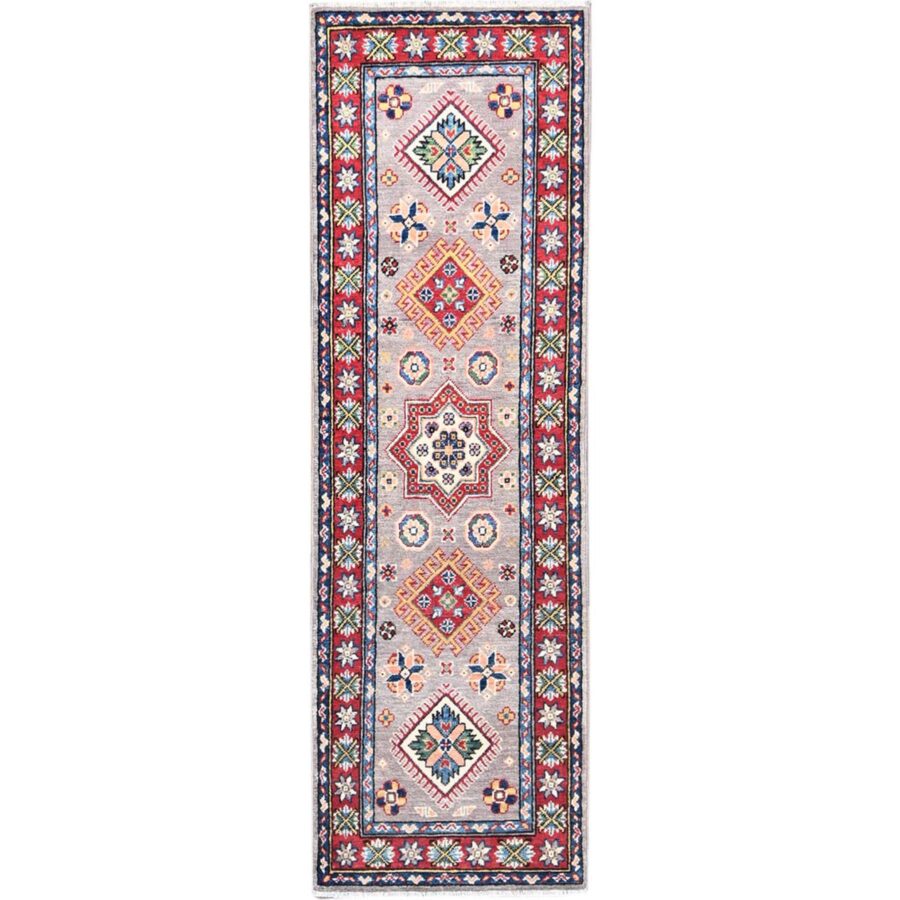 2'x6'3" Limestone Gray, Kazak with Geometric Elements Natural Dyes, Pure Wool Hand Knotted, Denser Weave Oriental Runner Rug  Sh86823