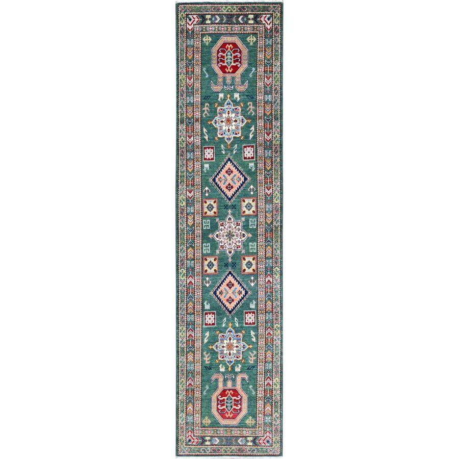 2'7"x11'5" Hunter Green Kazak With Geometric Medallions All Over, Velvety Wool, Vegetable Dyes, Densely Woven, Hand Knotted Runner Oriental Rug Sh86862