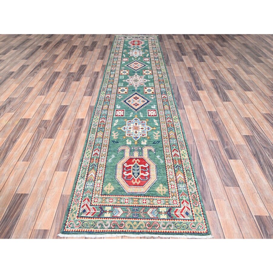 2'7"x11'5" Hunter Green Kazak With Geometric Medallions All Over, Velvety Wool, Vegetable Dyes, Densely Woven, Hand Knotted Runner Oriental Rug Sh86862 - Image 2