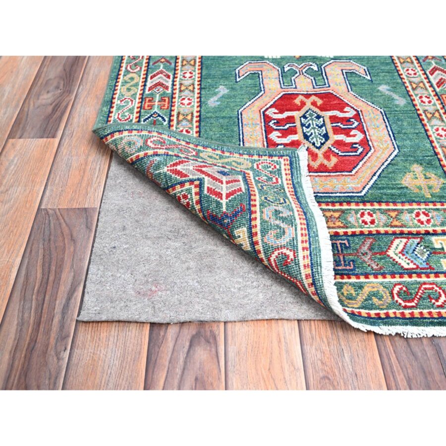 2'7"x11'5" Hunter Green Kazak With Geometric Medallions All Over, Velvety Wool, Vegetable Dyes, Densely Woven, Hand Knotted Runner Oriental Rug Sh86862 - Image 3
