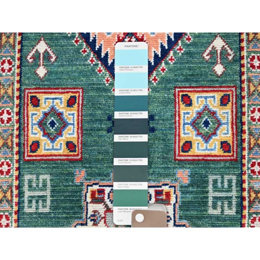 2'7"x11'5" Hunter Green Kazak With Geometric Medallions All Over, Velvety Wool, Vegetable Dyes, Densely Woven, Hand Knotted Runner Oriental Rug Sh86862 - Image 4