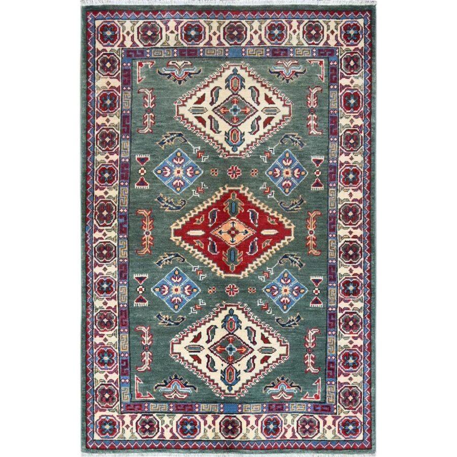 3'3"x4'8" Laurel Green, Large Triple Geometric Motifs, Natural Dyes, Pure And Soft Wool, Hand Knotted, Afghan Kazak, Denser Weave, Oriental Rug Sh86882