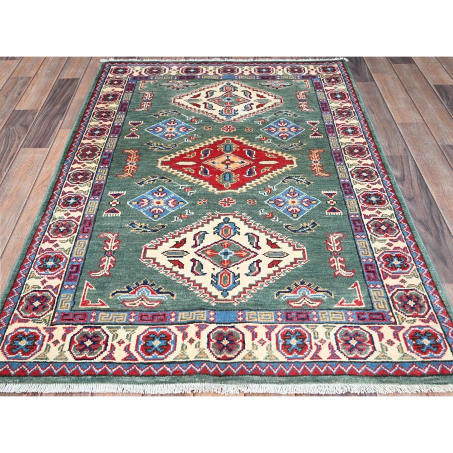 3'3"x4'8" Laurel Green, Large Triple Geometric Motifs, Natural Dyes, Pure And Soft Wool, Hand Knotted, Afghan Kazak, Denser Weave, Oriental Rug Sh86882 - Image 2