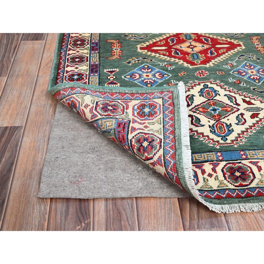 3'3"x4'8" Laurel Green, Large Triple Geometric Motifs, Natural Dyes, Pure And Soft Wool, Hand Knotted, Afghan Kazak, Denser Weave, Oriental Rug Sh86882 - Image 3