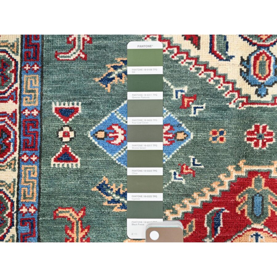 3'3"x4'8" Laurel Green, Large Triple Geometric Motifs, Natural Dyes, Pure And Soft Wool, Hand Knotted, Afghan Kazak, Denser Weave, Oriental Rug Sh86882 - Image 4