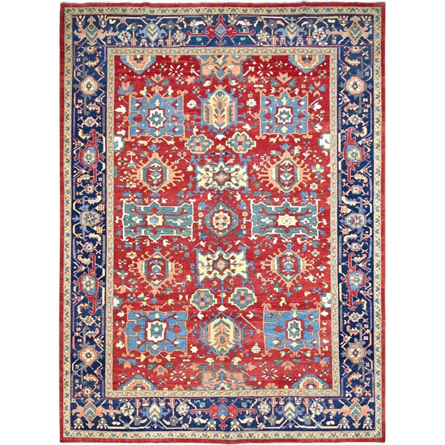 9'10"x13'1" Ruby Red With Lapis Lazuli Blue, Afghan Peshawar Serapi Heriz with All Over Motifs Design, Vegetable Dyes, Hand Knotted Organic Wool, Denser Weave, Oriental Rug Sh86962