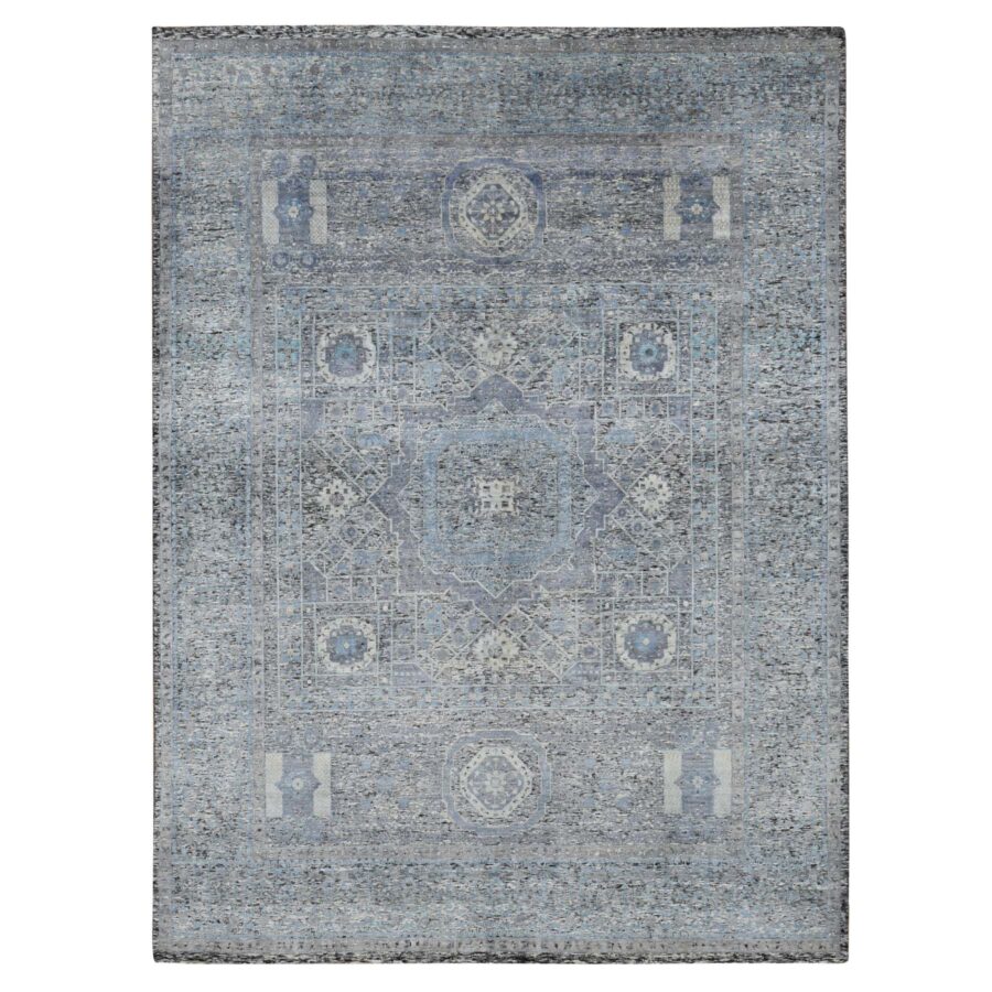 8'8"x11'10" Columbia Blue, Silk with Textured Wool, Hi-Low Pile, Mamluk Dynasty Design, Hand Knotted, Oriental Rug Sh87143