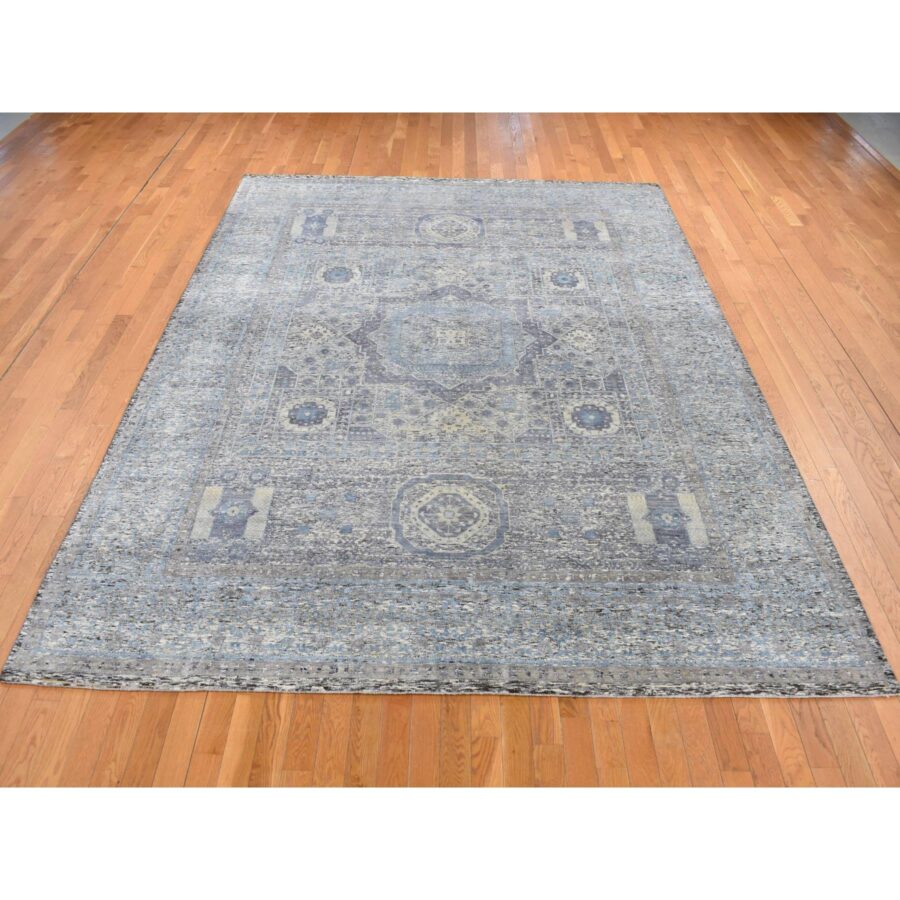 8'8"x11'10" Columbia Blue, Silk with Textured Wool, Hi-Low Pile, Mamluk Dynasty Design, Hand Knotted, Oriental Rug Sh87143 - Image 2