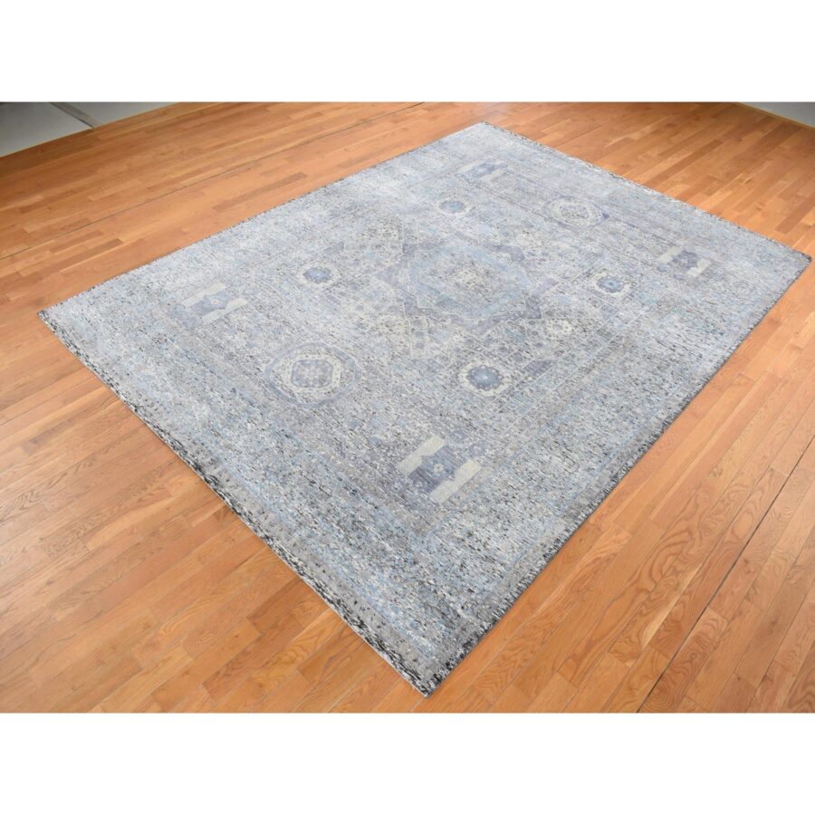 8'8"x11'10" Columbia Blue, Silk with Textured Wool, Hi-Low Pile, Mamluk Dynasty Design, Hand Knotted, Oriental Rug Sh87143 - Image 3