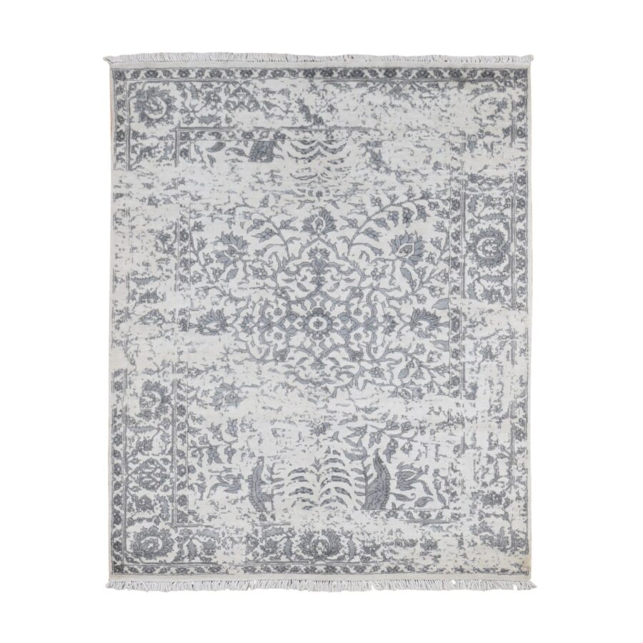 5'2"x7' Ivory, Broken and Erased Persian Design, Plant Base Silk Art Silk, Hand Knotted, Oriental Rug Sh87191