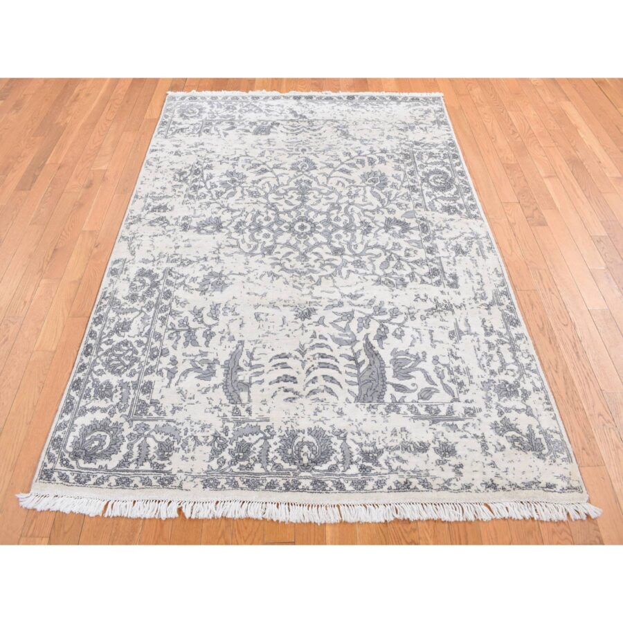 5'2"x7' Ivory, Broken and Erased Persian Design, Plant Base Silk Art Silk, Hand Knotted, Oriental Rug Sh87191 - Image 2