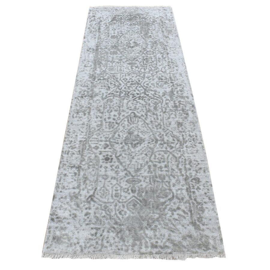 2'7"x8' Battleship Gray, Erased and Broken Persian Design, Wool and Pure Silk, Hand Knotted, Runner Oriental Rug Sh87203