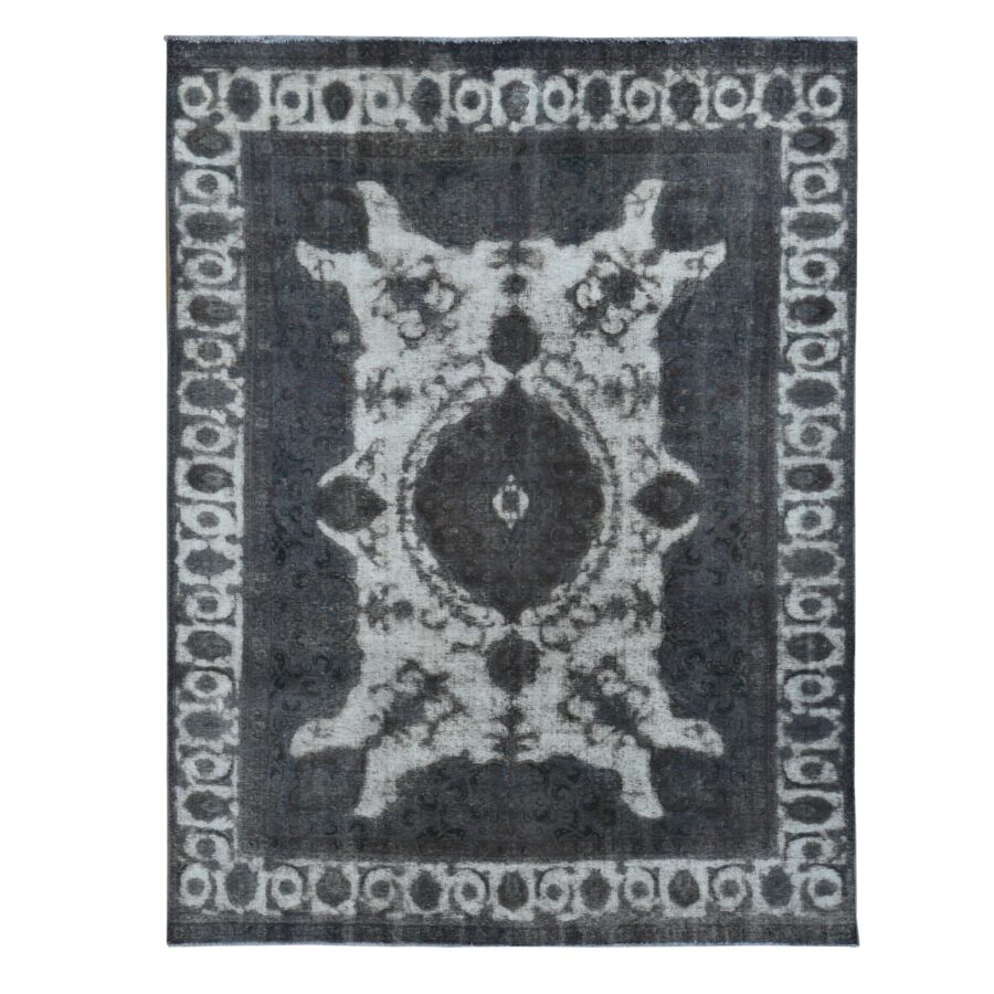 8'x11' Asphalt Black, Vintage Overdyed Persian Tabriz Barjasta, Distressed, Sheared Low, Worn Down, Pure Wool, Hand Knotted, Oriental Rug Sh87216