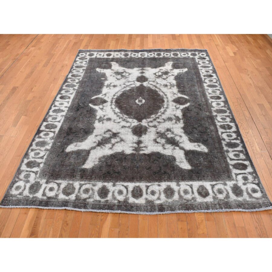8'x11' Asphalt Black, Vintage Overdyed Persian Tabriz Barjasta, Distressed, Sheared Low, Worn Down, Pure Wool, Hand Knotted, Oriental Rug Sh87216 - Image 2