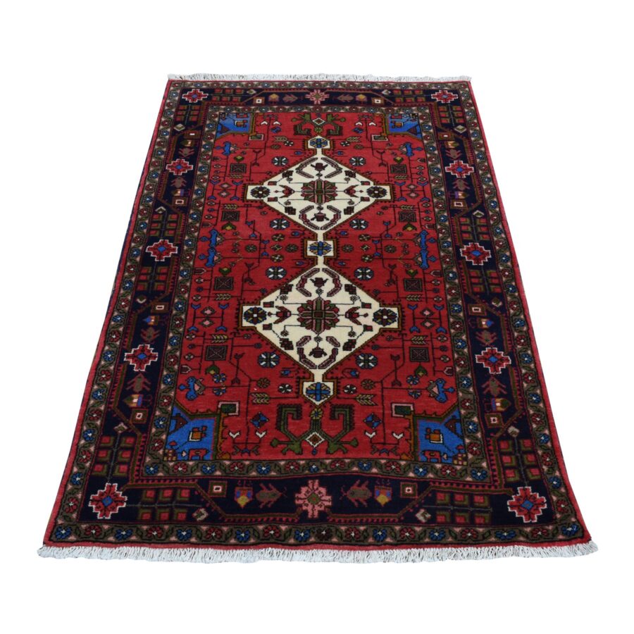 3'2"x5'2" Carnelian Red, New Persian Hamadan Double Geometric Medallion, Pure Wool, Hand Knotted, Oriental Rug Sh87551