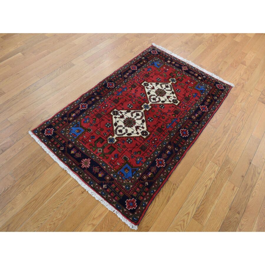 3'2"x5'2" Carnelian Red, New Persian Hamadan Double Geometric Medallion, Pure Wool, Hand Knotted, Oriental Rug Sh87551 - Image 2
