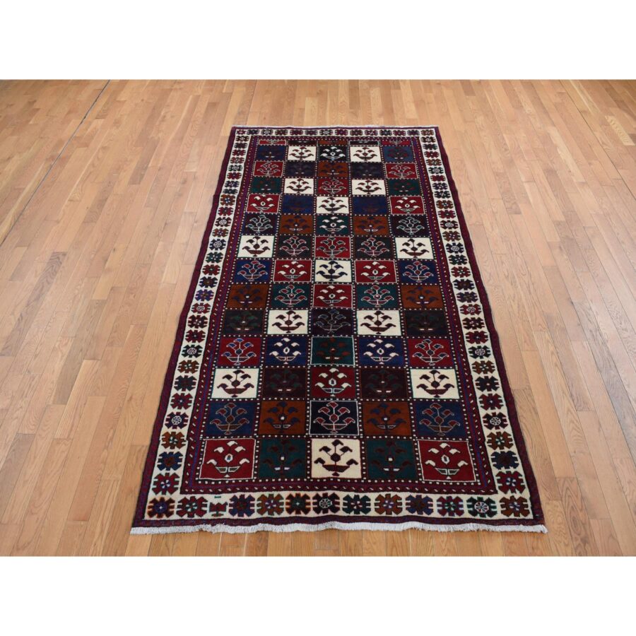 4'10"x9'2" Carmine Red, Semi Antique Persian Bakhtiari, Garden Block Design, Pure Wool, Hand Knotted, Oriental Rug Sh87552 - Image 2