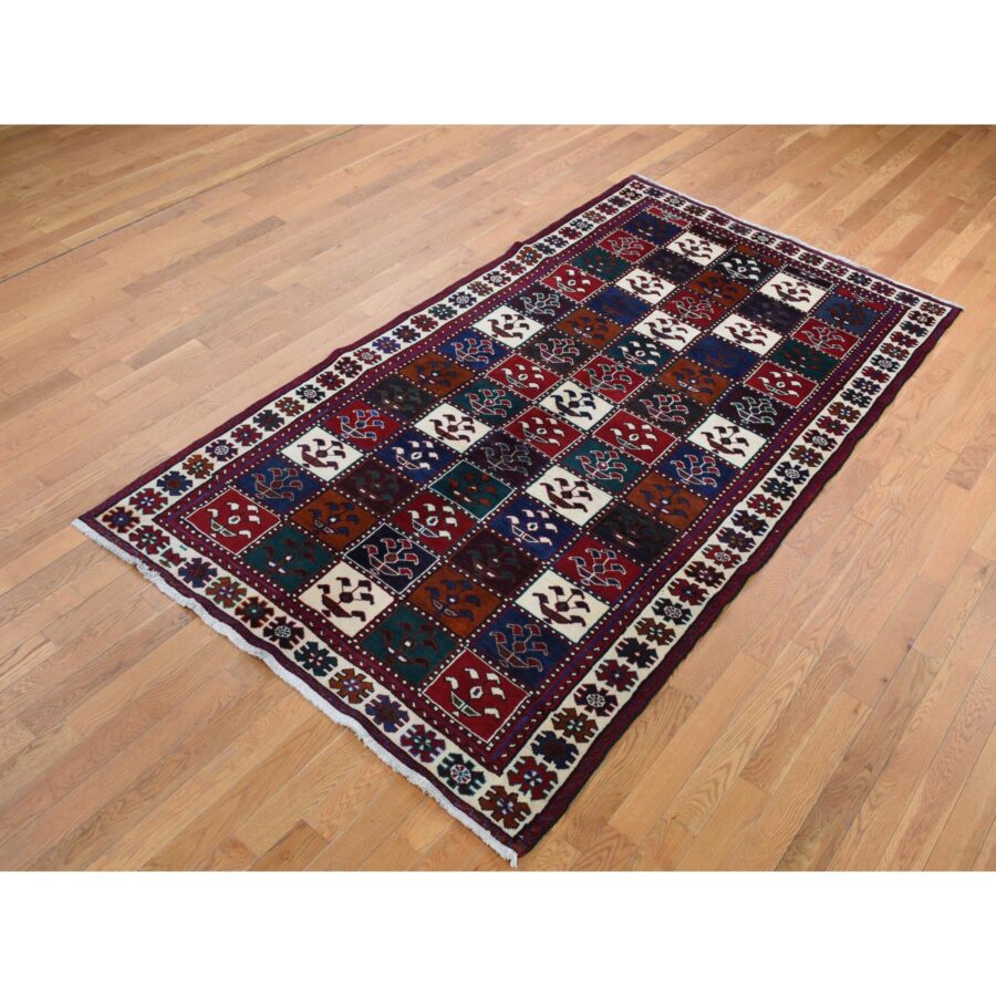4'10"x9'2" Carmine Red, Semi Antique Persian Bakhtiari, Garden Block Design, Pure Wool, Hand Knotted, Oriental Rug Sh87552 - Image 3