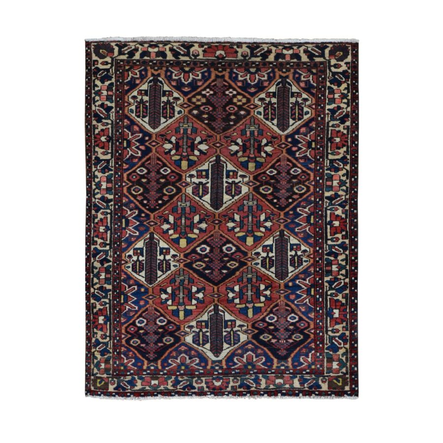 5'x6'9" Persian Red, Vintage Persian Bakhtiar with Diamonds Shaped Garden Design, Full Pile and Clean, Hand Knotted, Oriental Rug Sh87576
