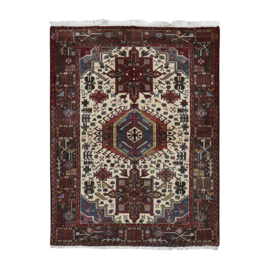 5'1"x6'7" Ivory, Persian Karajeh, Hand Knotted, Pure Wool, Oriental Rug Sh87585