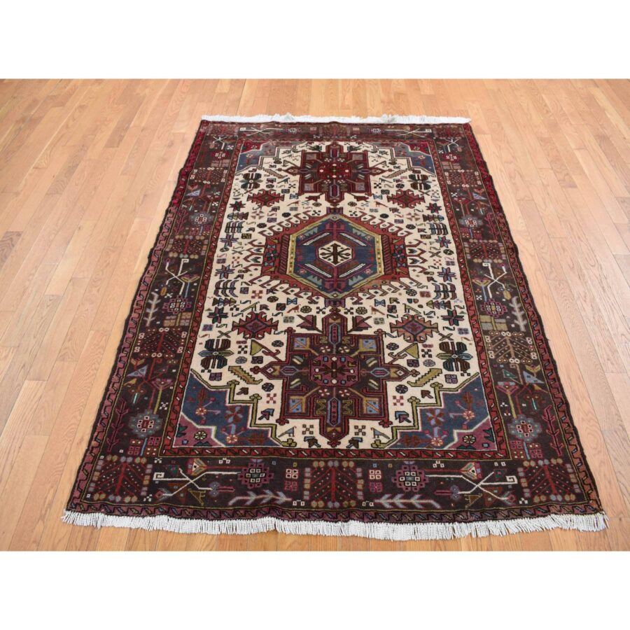 5'1"x6'7" Ivory, Persian Karajeh, Hand Knotted, Pure Wool, Oriental Rug Sh87585 - Image 2