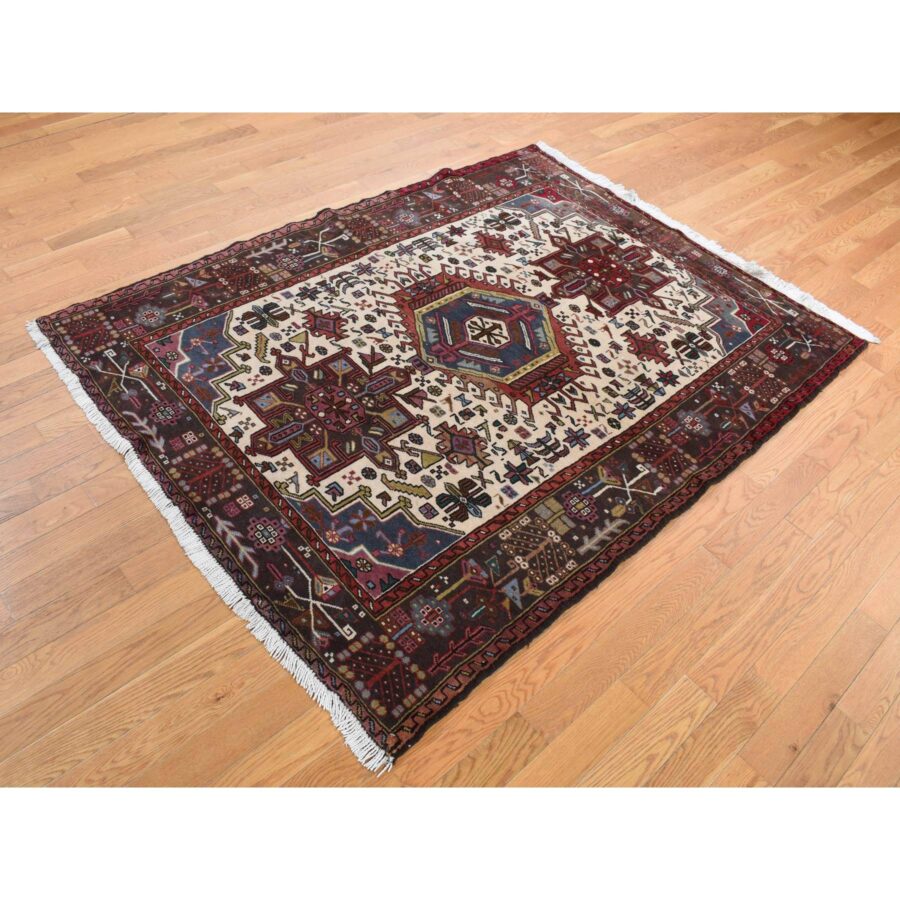 5'1"x6'7" Ivory, Persian Karajeh, Hand Knotted, Pure Wool, Oriental Rug Sh87585 - Image 3