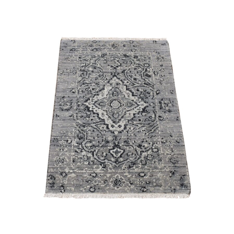2'1"x3'1" Battleship Gray, Broken Persian Erased Design, Silk with Textured Wool, Hand Knotted, Sample Mat Oriental Rug Sh87781