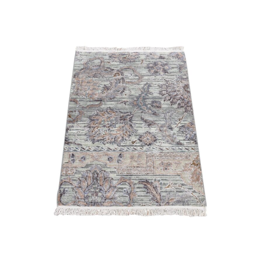 2'x3' Ash Gray, Mughal Design, Pure Silk with Textured Wool, Hand Knotted, Sample Mat Oriental Rug Sh87790