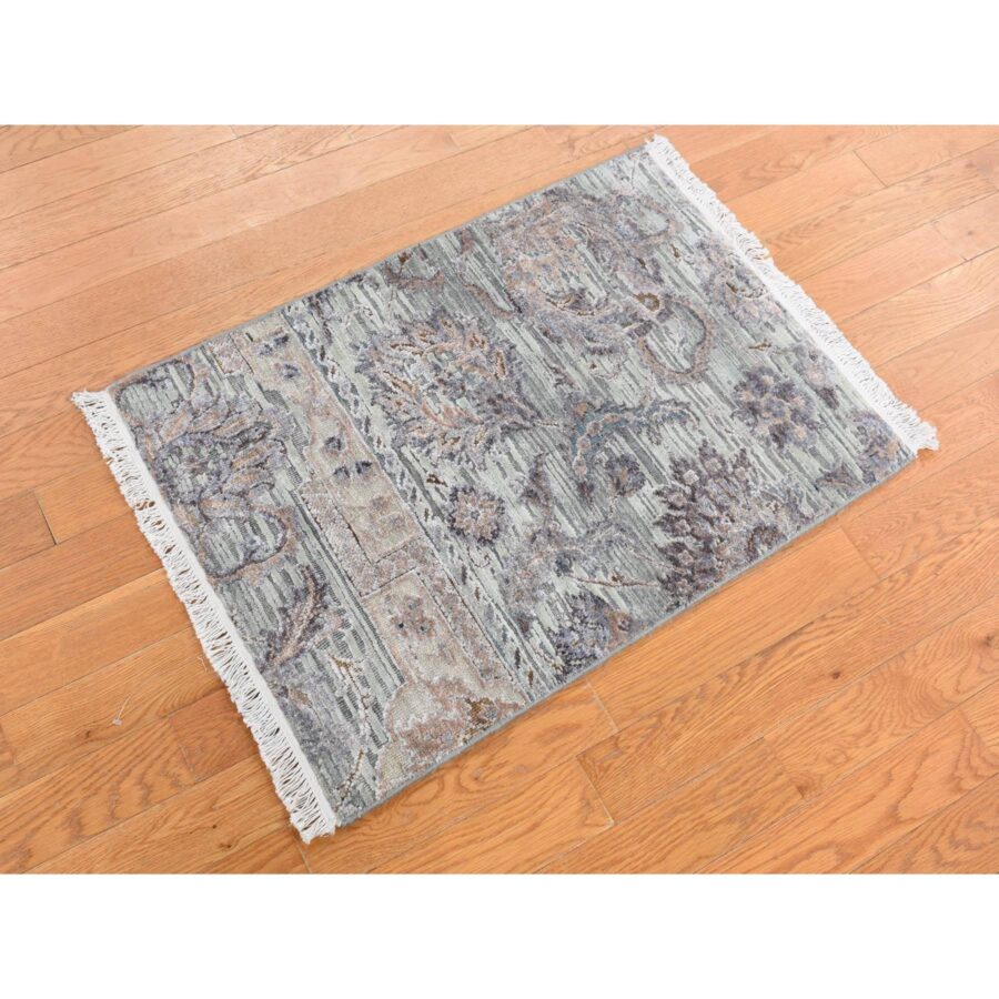2'x3' Ash Gray, Mughal Design, Pure Silk with Textured Wool, Hand Knotted, Sample Mat Oriental Rug Sh87790 - Image 2