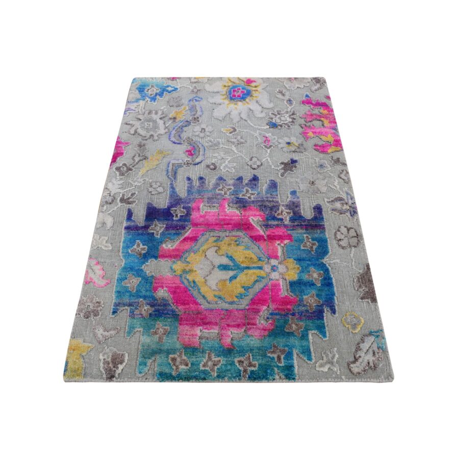 2'x3'2" Gainsboro Gray, Colorful Oushak Design, Sari Silk with Textured Wool, Hand Knotted, Sample Mat Oriental Rug Sh87799