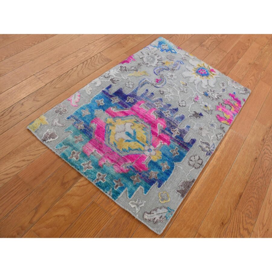 2'x3'2" Gainsboro Gray, Colorful Oushak Design, Sari Silk with Textured Wool, Hand Knotted, Sample Mat Oriental Rug Sh87799 - Image 2