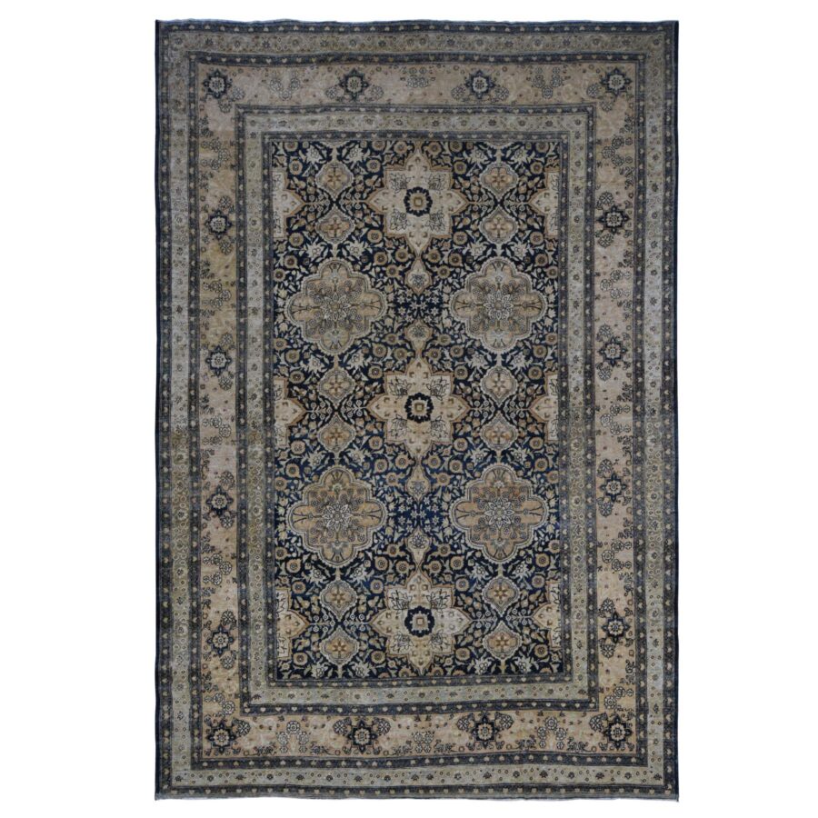 9'4"x13'9" Midnight Blue, Antique Persian Tabriz, Even Wear, Clean and Soft, 100% Wool, Hand Knotted, Oriental Rug Sh87939
